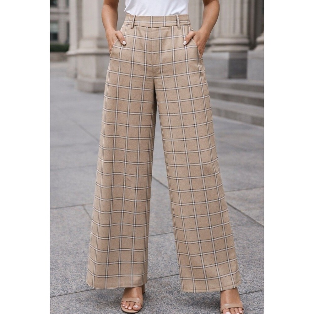 Eva Mendes NY & Co Ultra Wide Leg Plaid Beige Check Retro Chic Tailored Pants 27